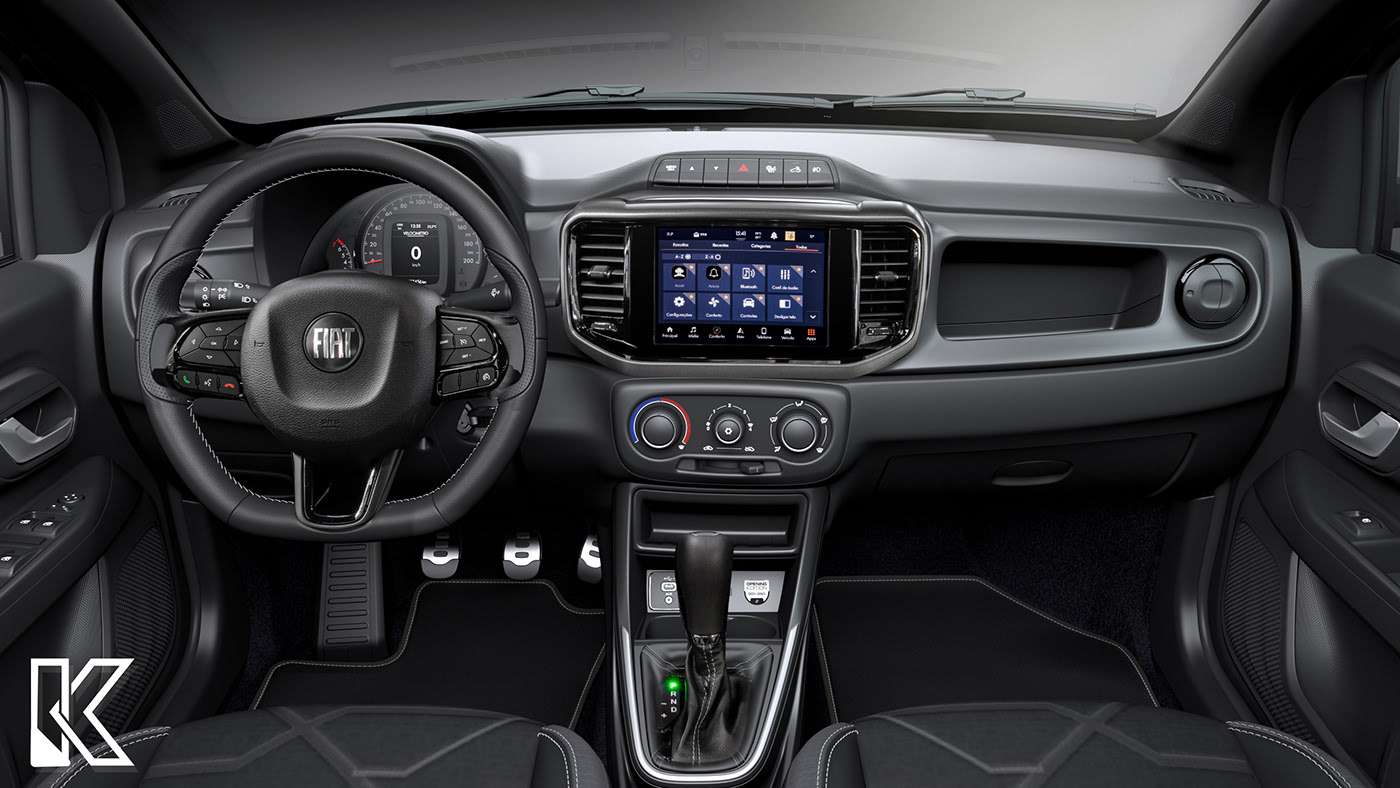 Interior view of a Fiat car showing the steering wheel, dashboard, and infotainment screen with various controls.