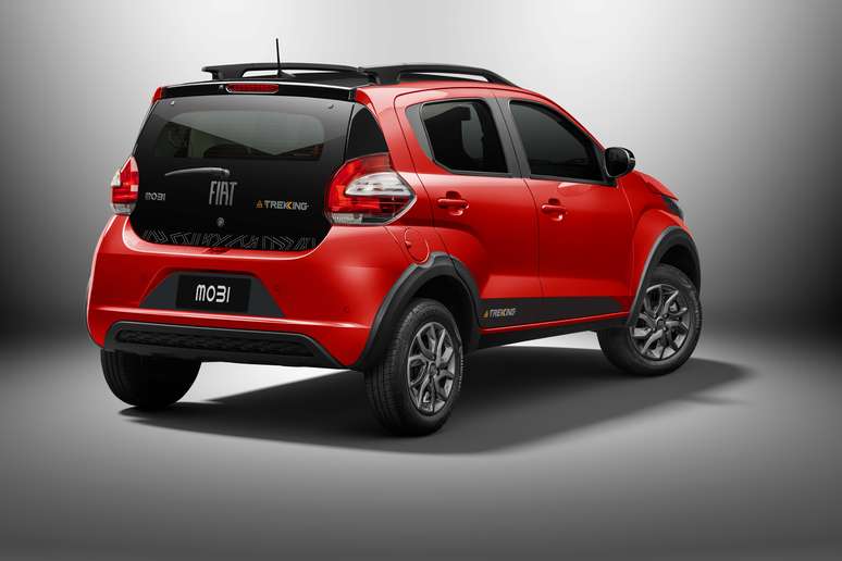 Rear view of a red Fiat Mobi Trekking compact SUV against a gradient background.