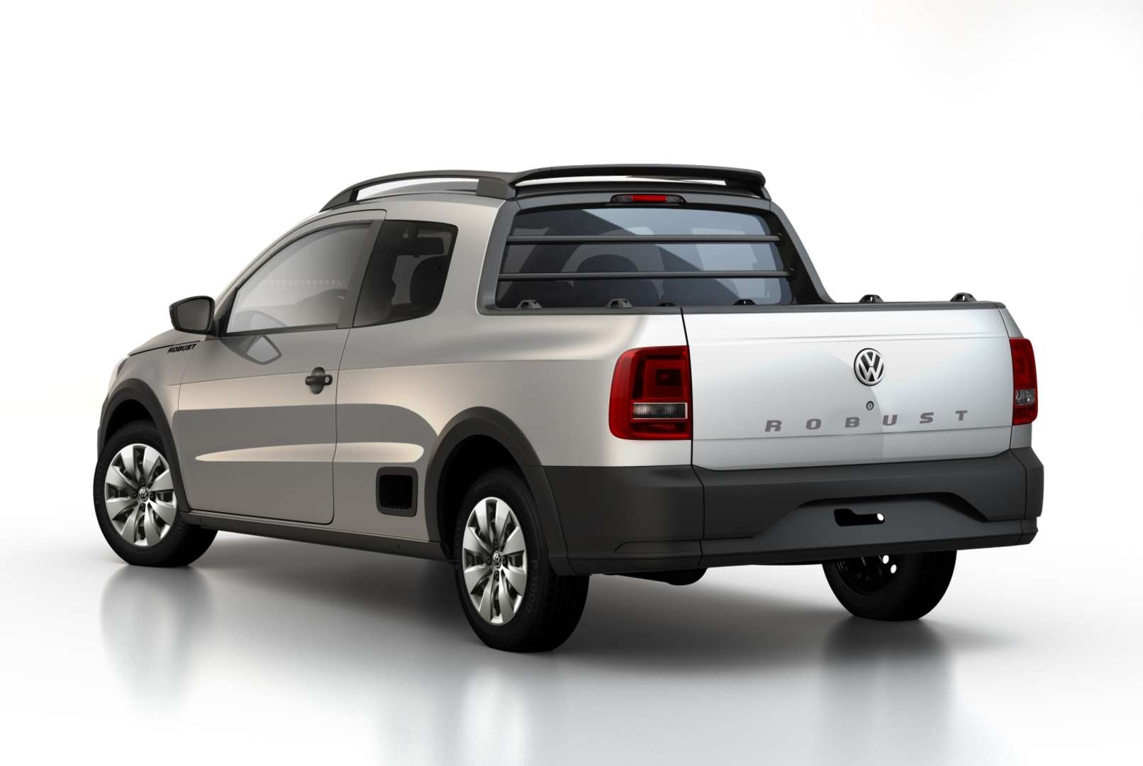 Rear view of a silver Volkswagen Robust pickup truck with a modern design and a spacious cargo area.