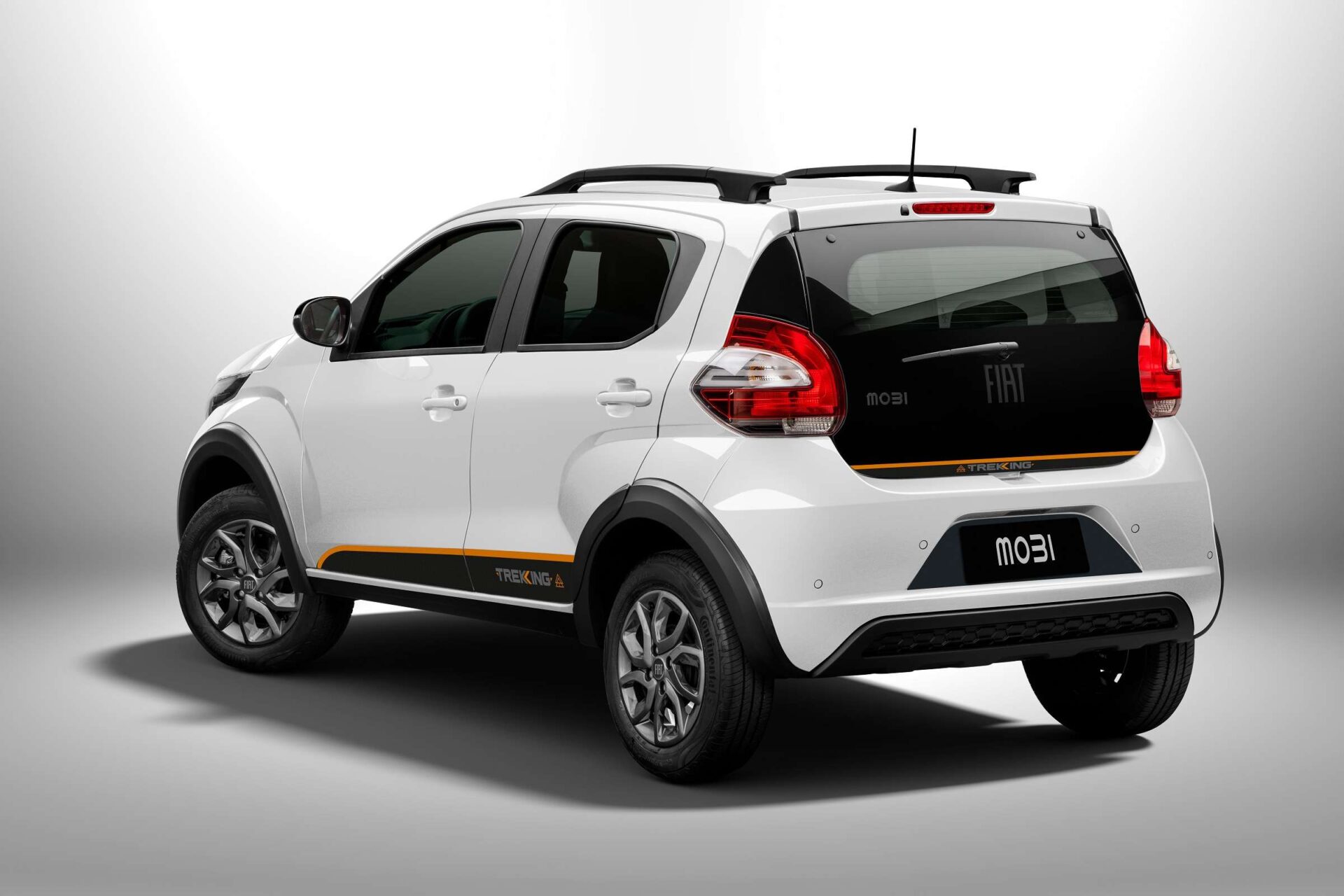 A white Fiat car with a sporty design, showcasing the rear and side profile. The vehicle features an orange stripe labeled 'TREK KING' along the lower side and has a black rear window with Fiat branding.