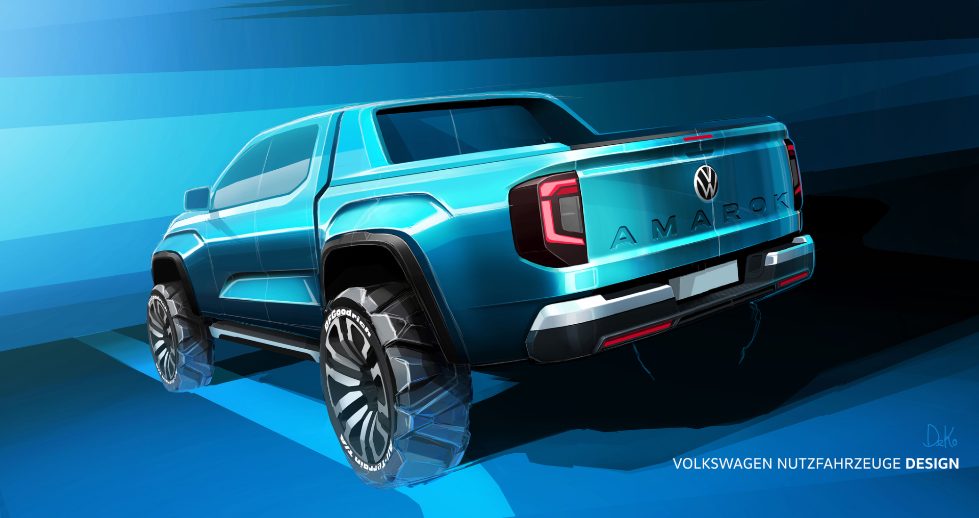 Conceptual illustration of a blue Volkswagen Amarok pickup truck featuring a modern design with large tires and a sleek rear view.