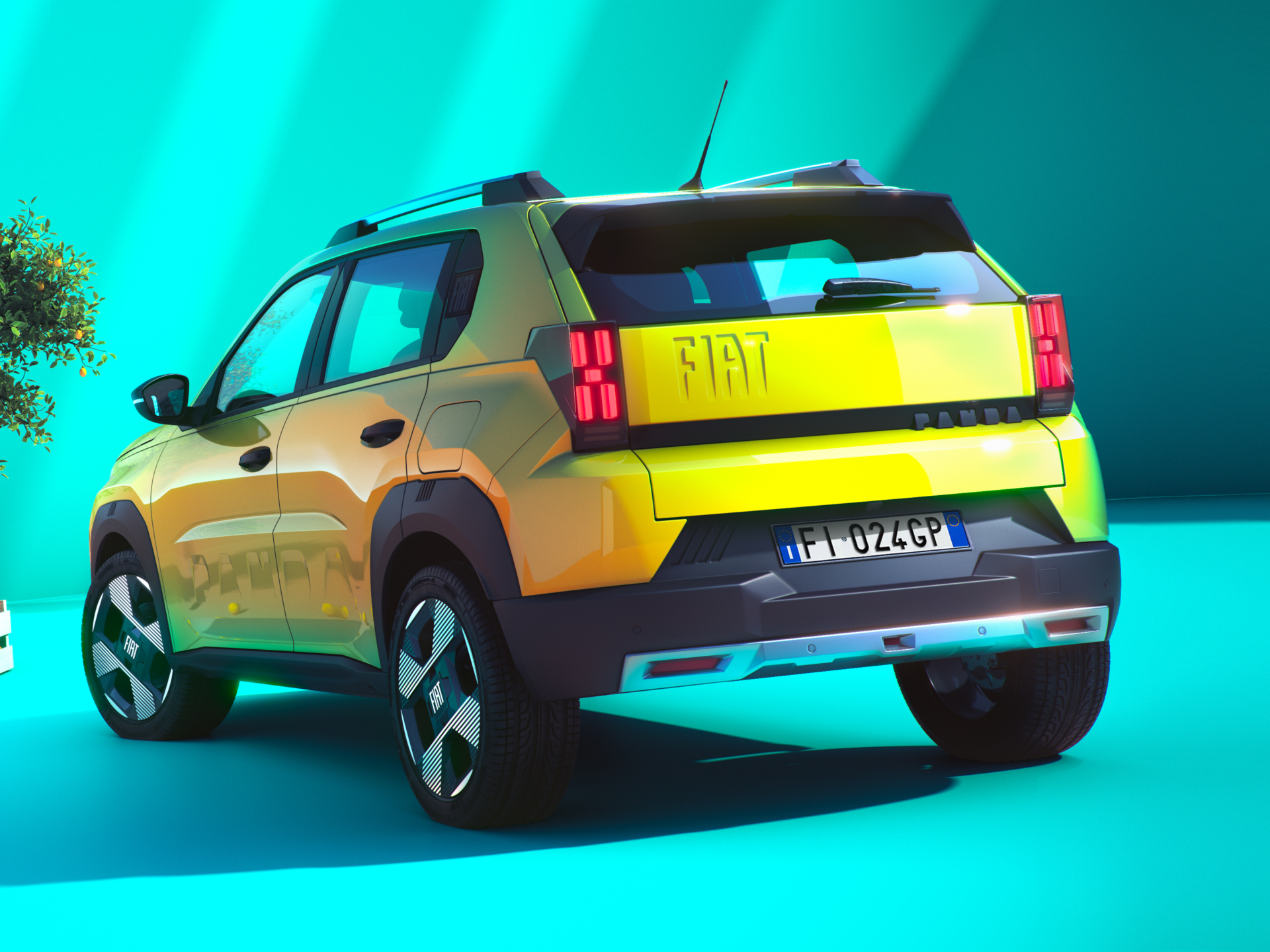 A colorful rear view of a Fiat Panda SUV parked against a bright turquoise background, showcasing its modern design and unique wheel rims.