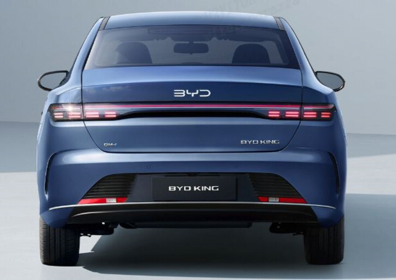 Back view of a blue BYD King car showcasing its sleek design and modern tail lights.