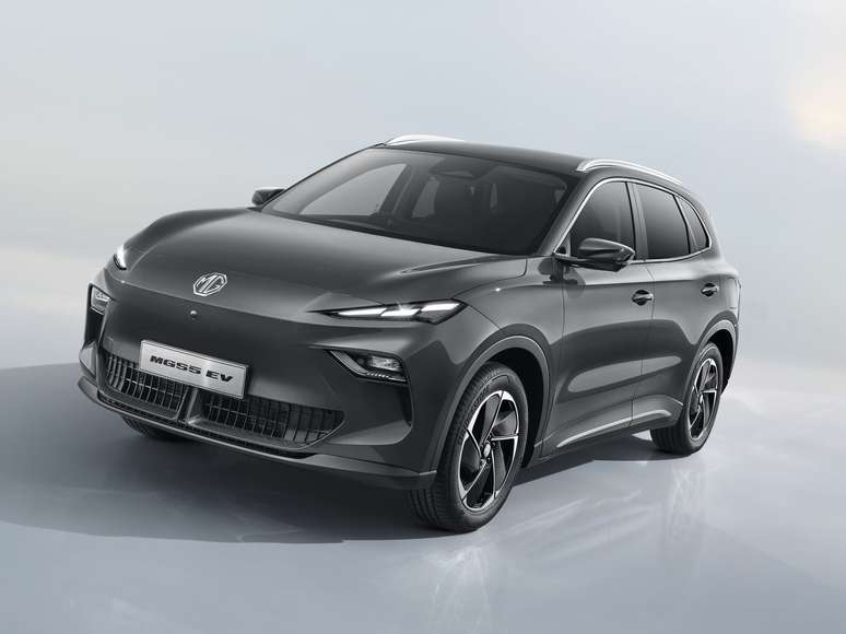 Front view of a sleek, modern electric SUV in a metallic gray finish, showcasing its aerodynamic design and stylish features.