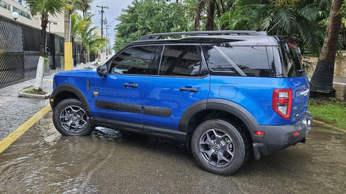 A blue SUV parked on a wet street, surrounded by palm trees and buildings, reflecting a rainy day.