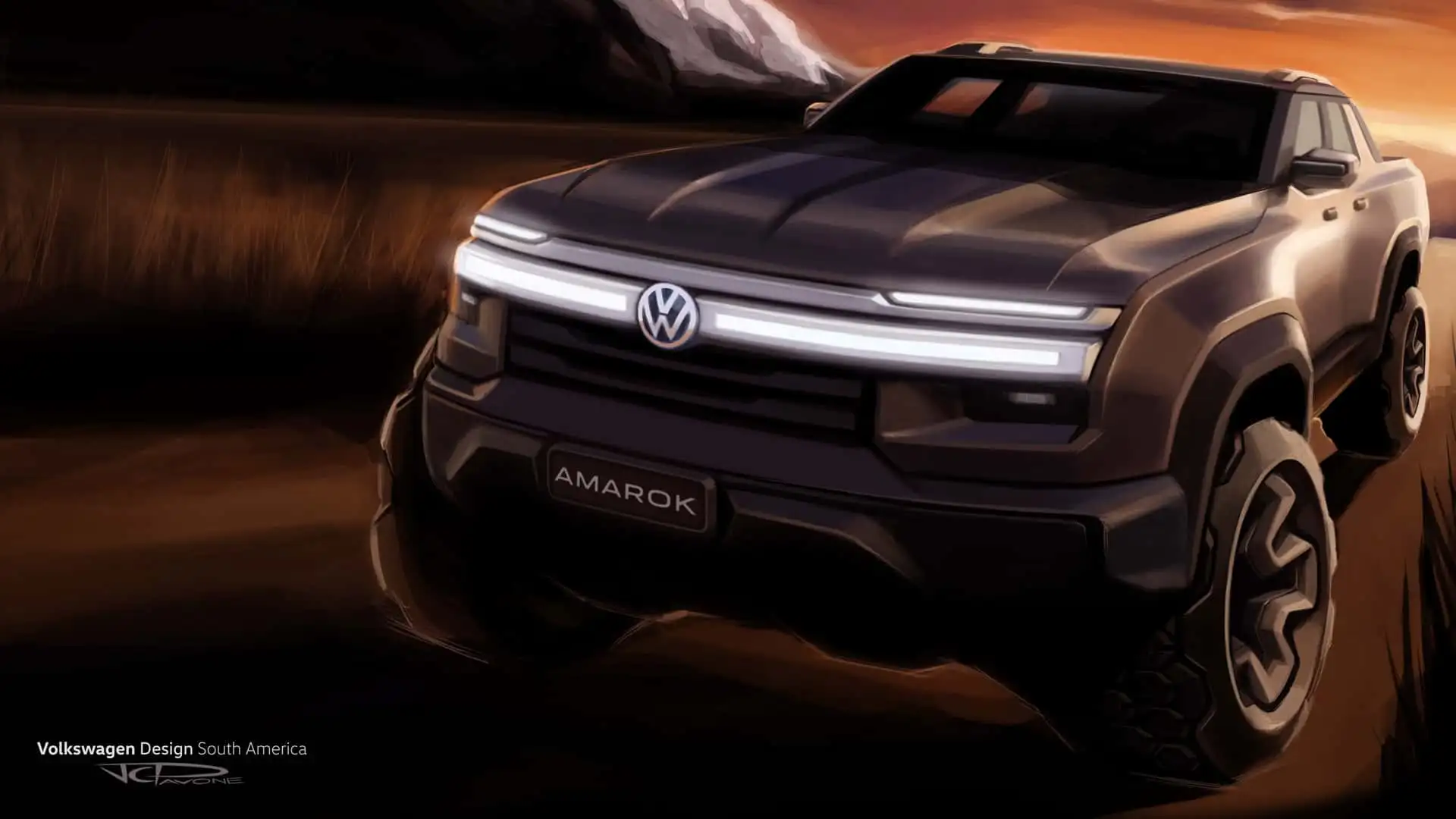 Desenho de um veículo Volkswagen Amarok em um ambiente natural ao pôr do sol, destacando sua frente e detalhes da grade.