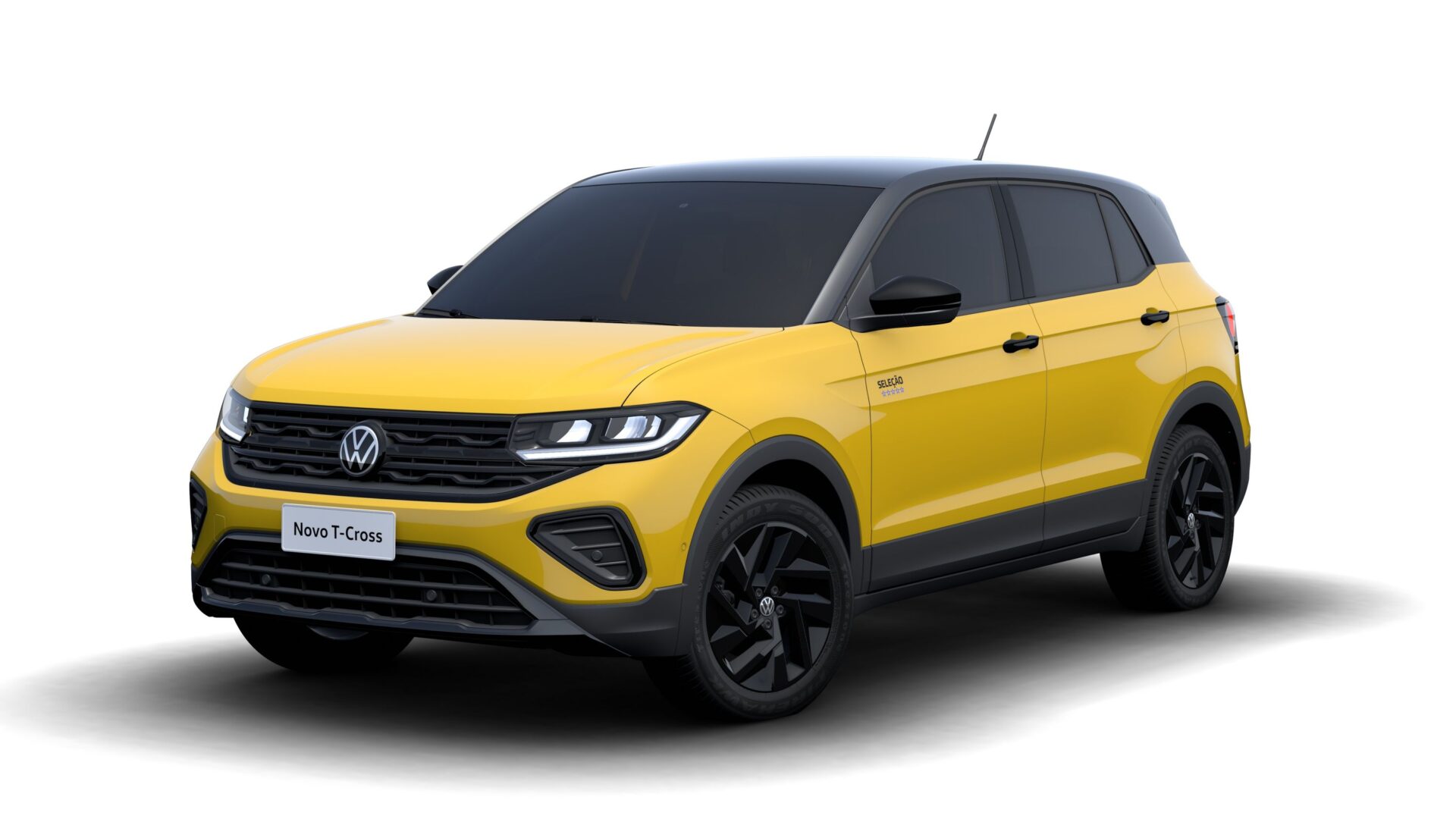 Carro Volkswagen Novo T-Cross na cor amarela, com detalhes em preto e design moderno.