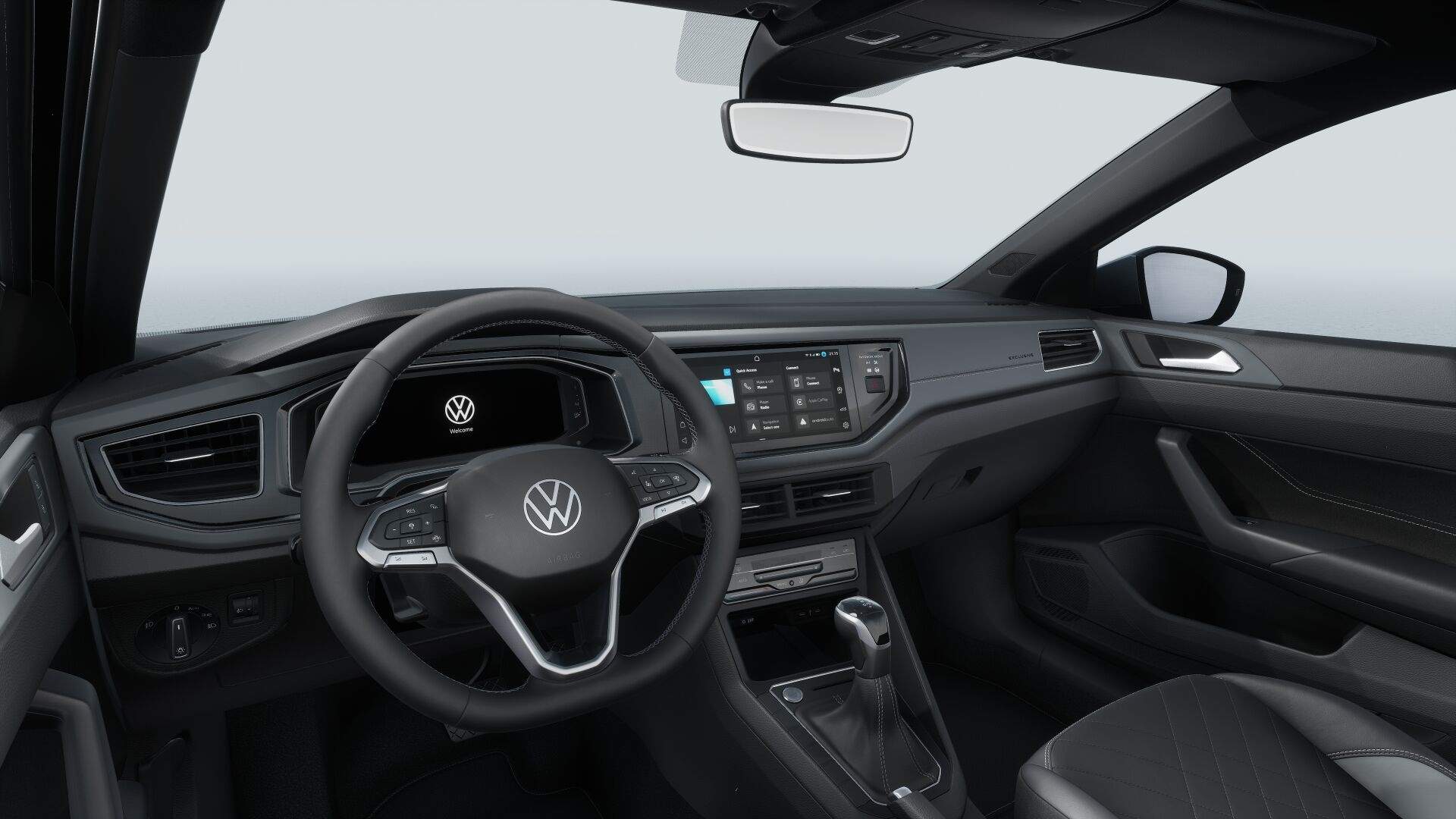Interior de um carro Volkswagen, mostrando o volante, painel de controle e console central em preto e cinza.