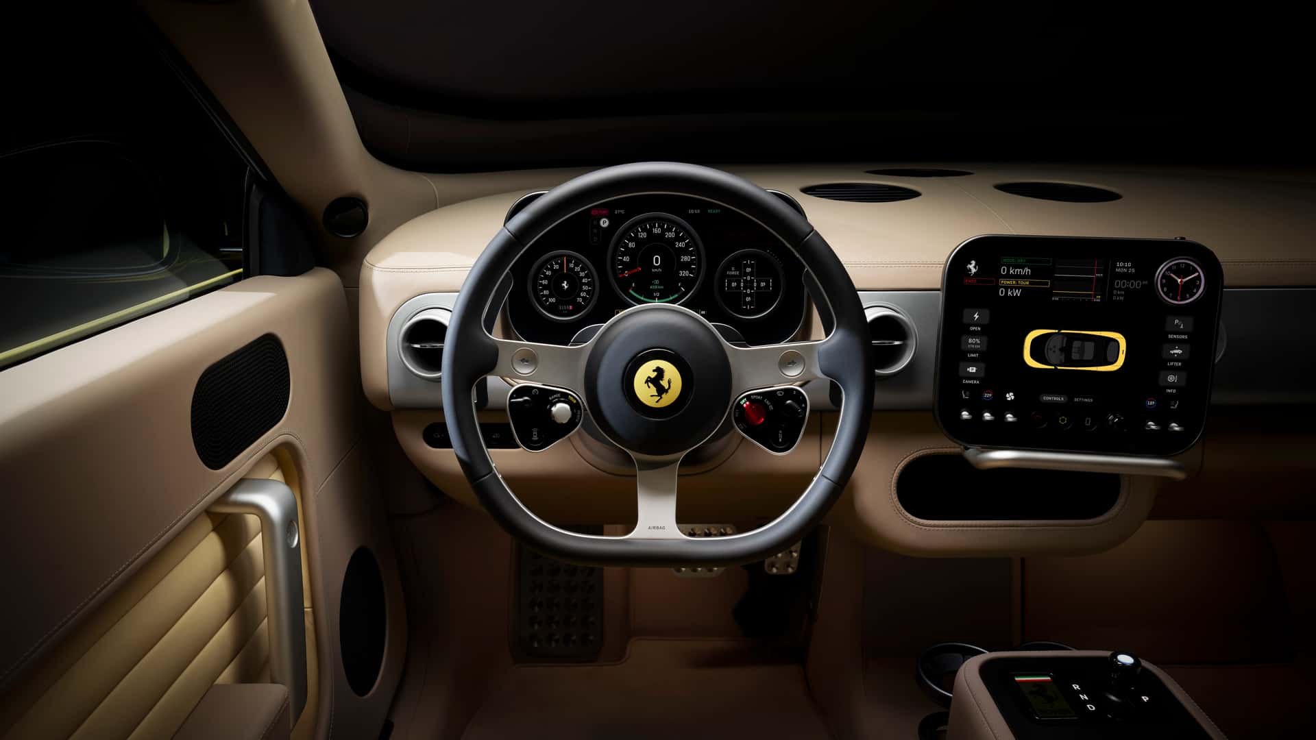 Interior do carro esportivo Ferrari, destacando o volante, painel de instrumentos e console central em tons de bege e preto.