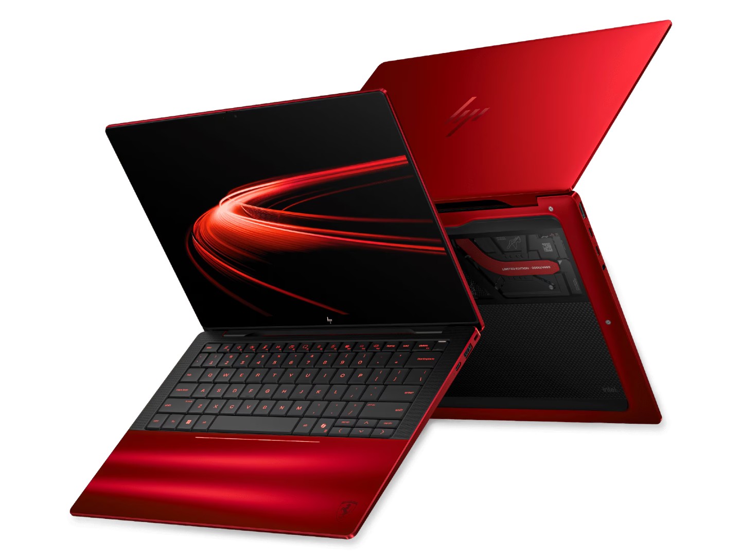 Red gaming laptop with a sleek design, displaying a backlit keyboard and a vivid screen.