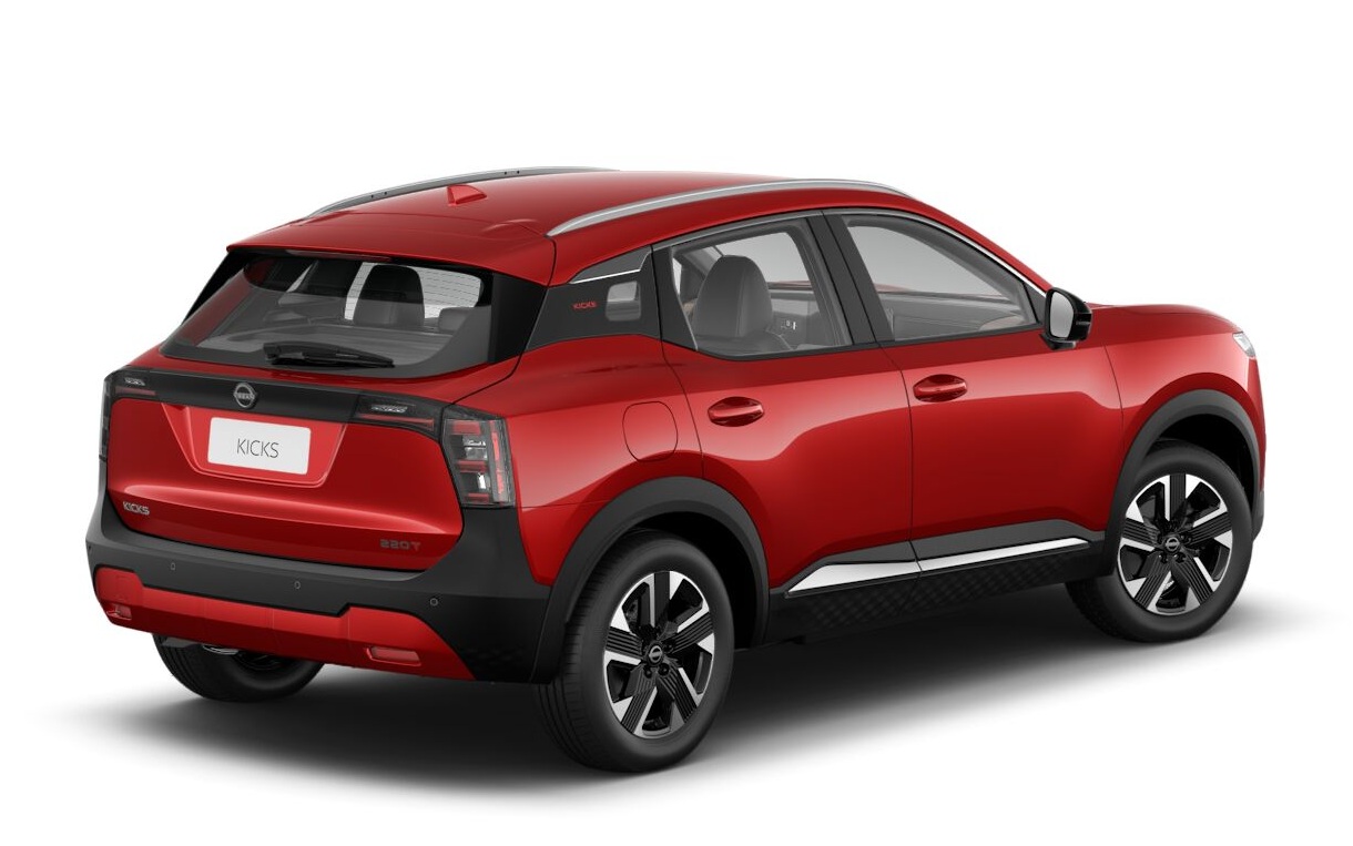 Rear view of a red Nissan Kicks, showcasing its sleek design and modern features.