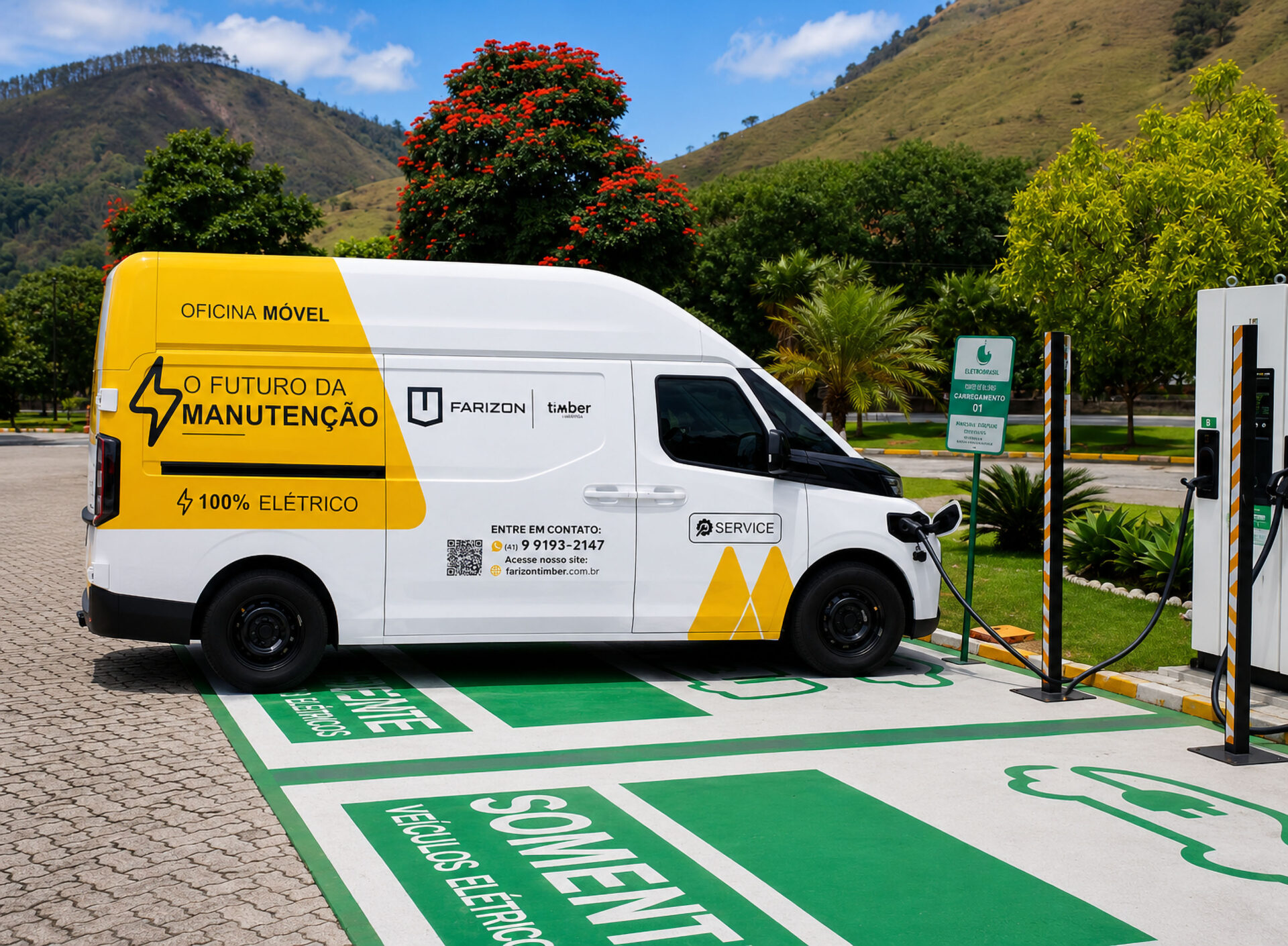A mobile electric maintenance van parked at a charging station with greenery and hills in the background. The van features branding for Farizon and Timber, highlighting its electric service.