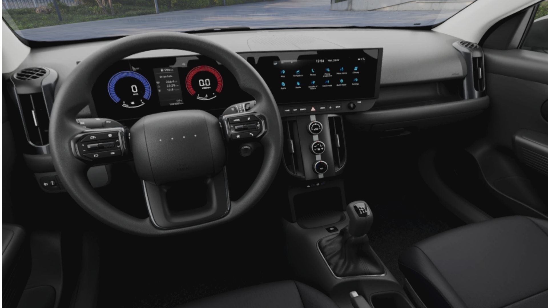 Interior view of a modern car with a steering wheel, dashboard display, and gear shift. The dashboard features digital gauges and a touchscreen interface.