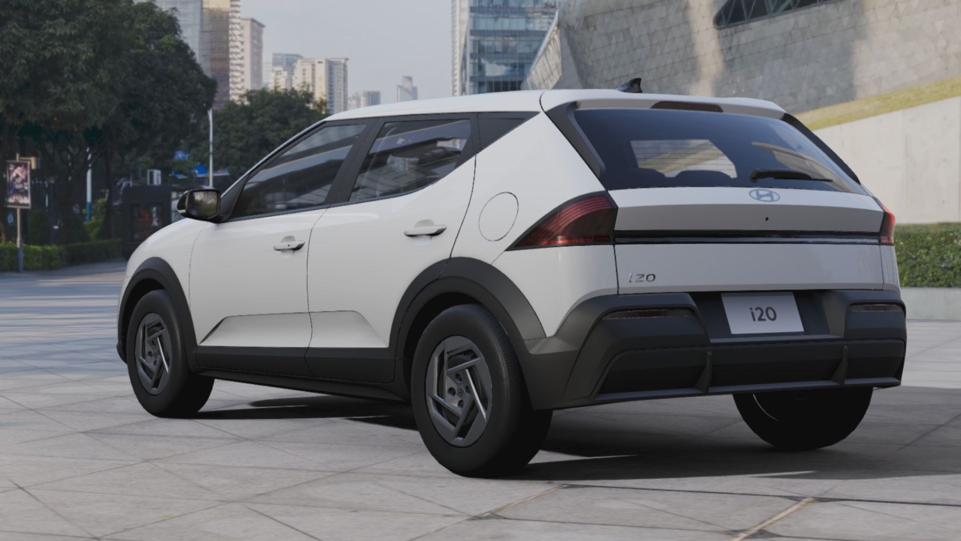 A modern white car parked in an urban environment, showcasing its rear and side profile.