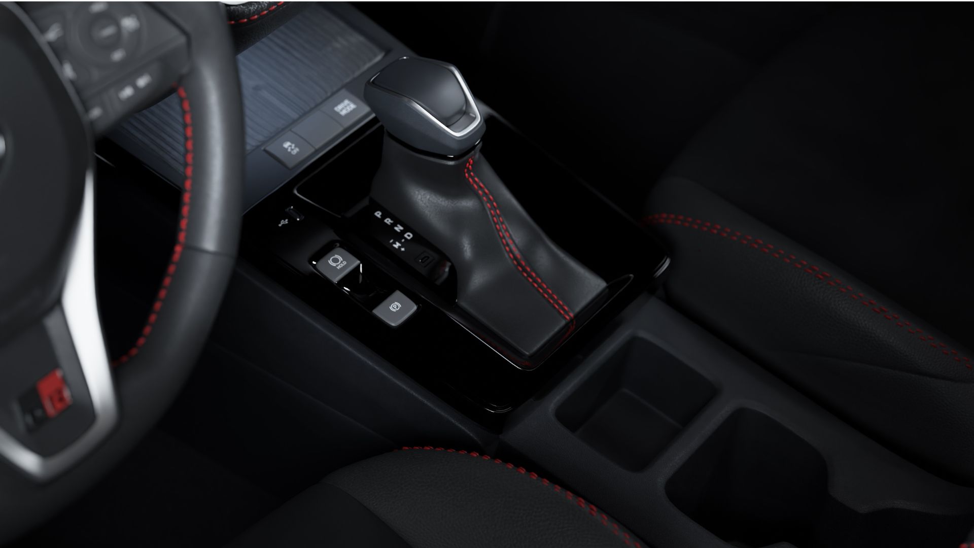 Close-up view of a car's interior, featuring a gear shifter with a sleek design, surrounded by dark upholstery and red stitching.