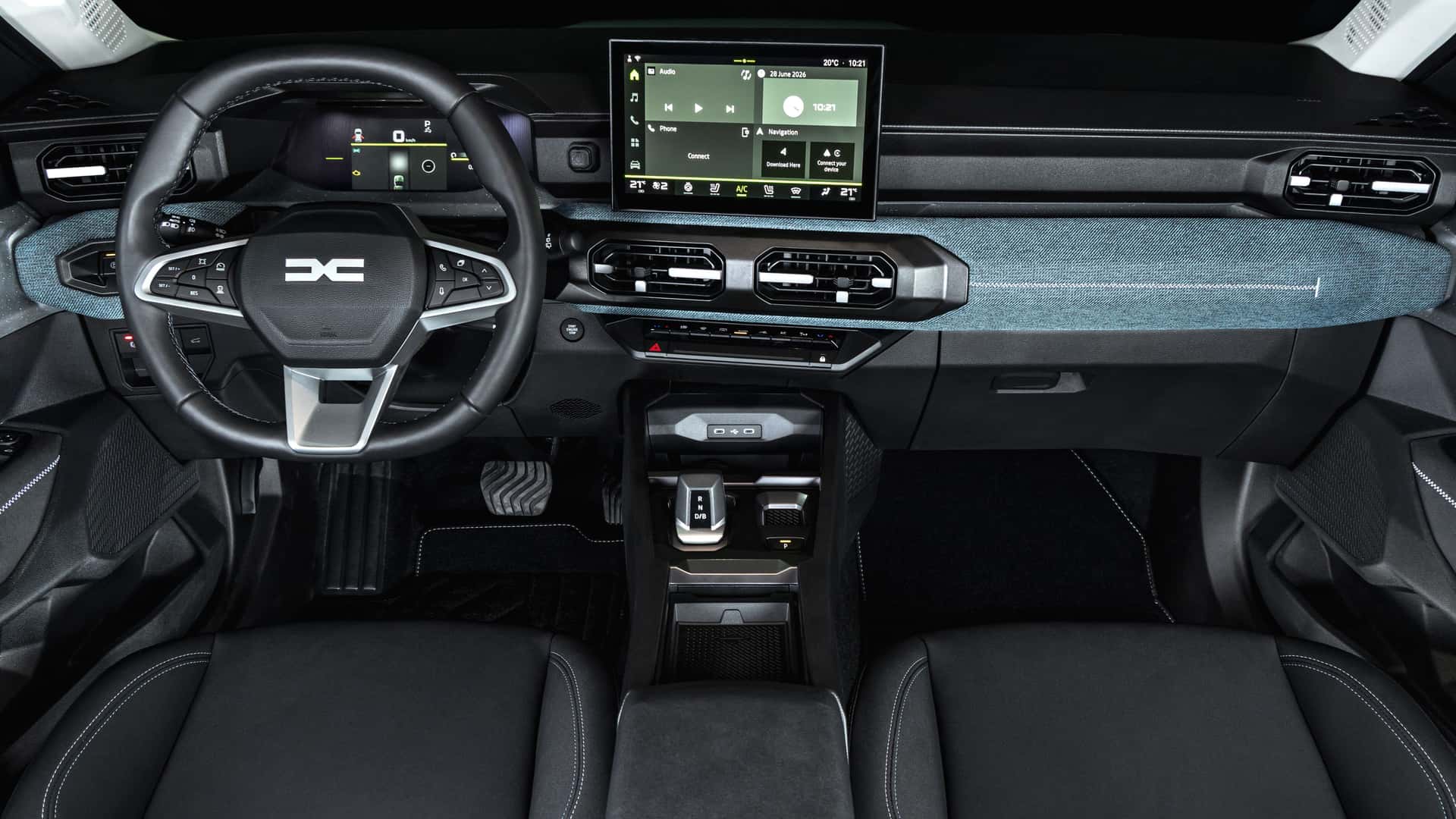 Interior view of a modern car featuring a sleek dashboard, multifunction steering wheel, a large touchscreen display, climate control vents, and black leather seats.