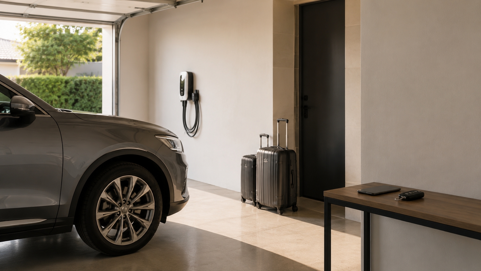 A modern garage featuring a gray car parked next to two suitcases. A charging station for electric vehicles is mounted on the wall, and a sleek wooden table holds a smartphone and car keys.