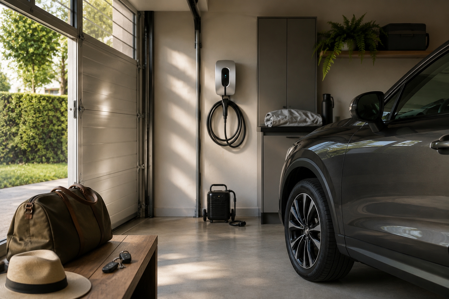 A modern garage interior featuring a parked car, an electric vehicle charging station on the wall, and storage cabinets. A stylish bag and sunglasses are placed on a wooden table in the foreground.