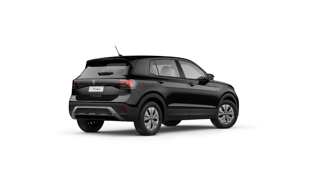 Vista traseira de um carro Volkswagen T-Cross preto, destacando suas linhas modernas e design compacto.
