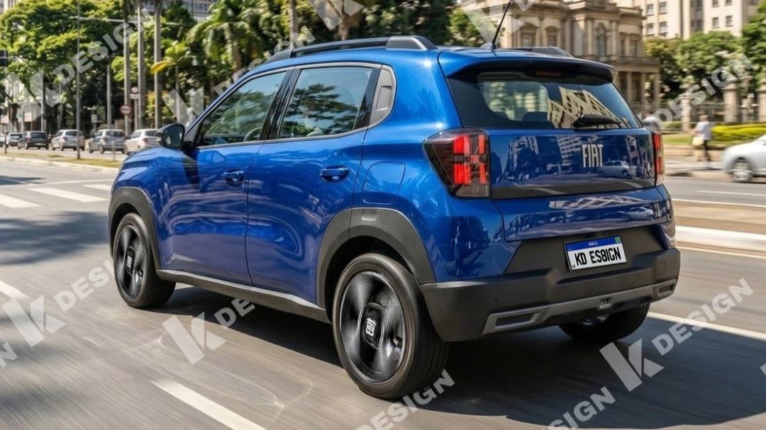 Um carro SUV azul da Fiat, visto de lado, dirigindo em uma rua urbana com árvores ao fundo.