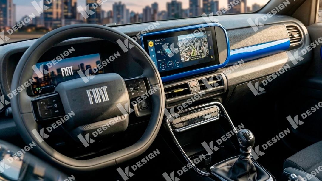 Interior de um carro da Fiat, mostrando o volante e um painel digital moderno com uma tela ampla, destacando um mapa urbano.