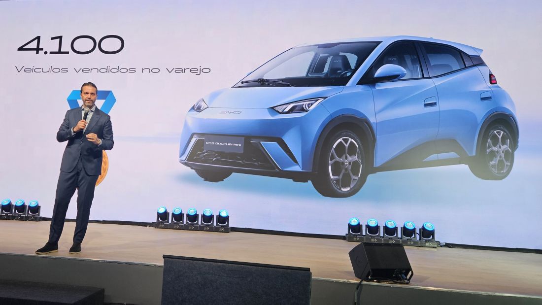 Um apresentador em um evento de lançamento, ao lado de um carro elétrico azul modelo DYO Dolphin, com dados de vendas ao fundo.