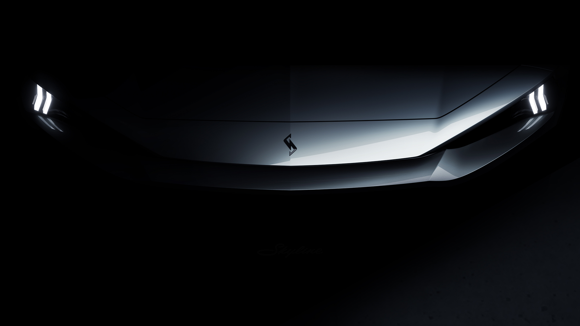 Vista do capô de um carro futurista com faróis acesos, destacado em uma iluminação suave contra um fundo escuro.