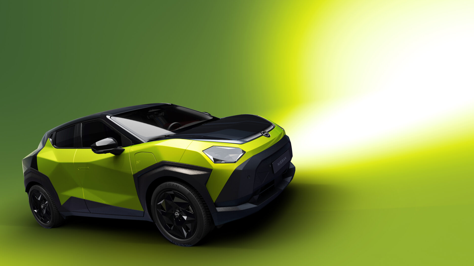 Carro esportivo moderno em destaque, com pintura verde e detalhes em preto, em um fundo gradient de verde.
