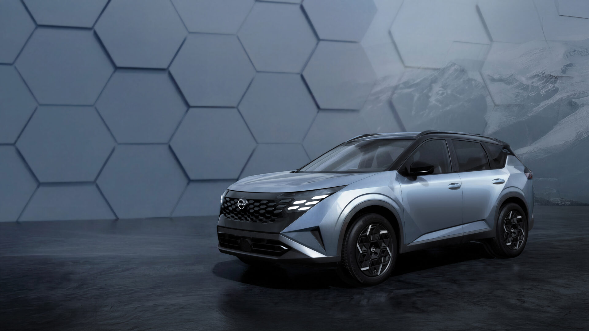 SUV moderno de cor azul em um fundo com padrão hexagonal.