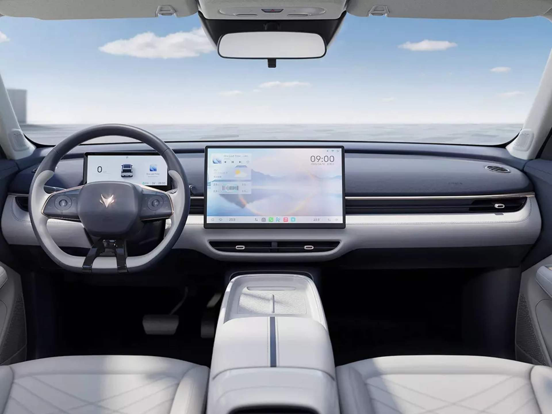 Interior view of a modern car dashboard featuring a steering wheel, two large digital displays, and a sleek design in light colors.