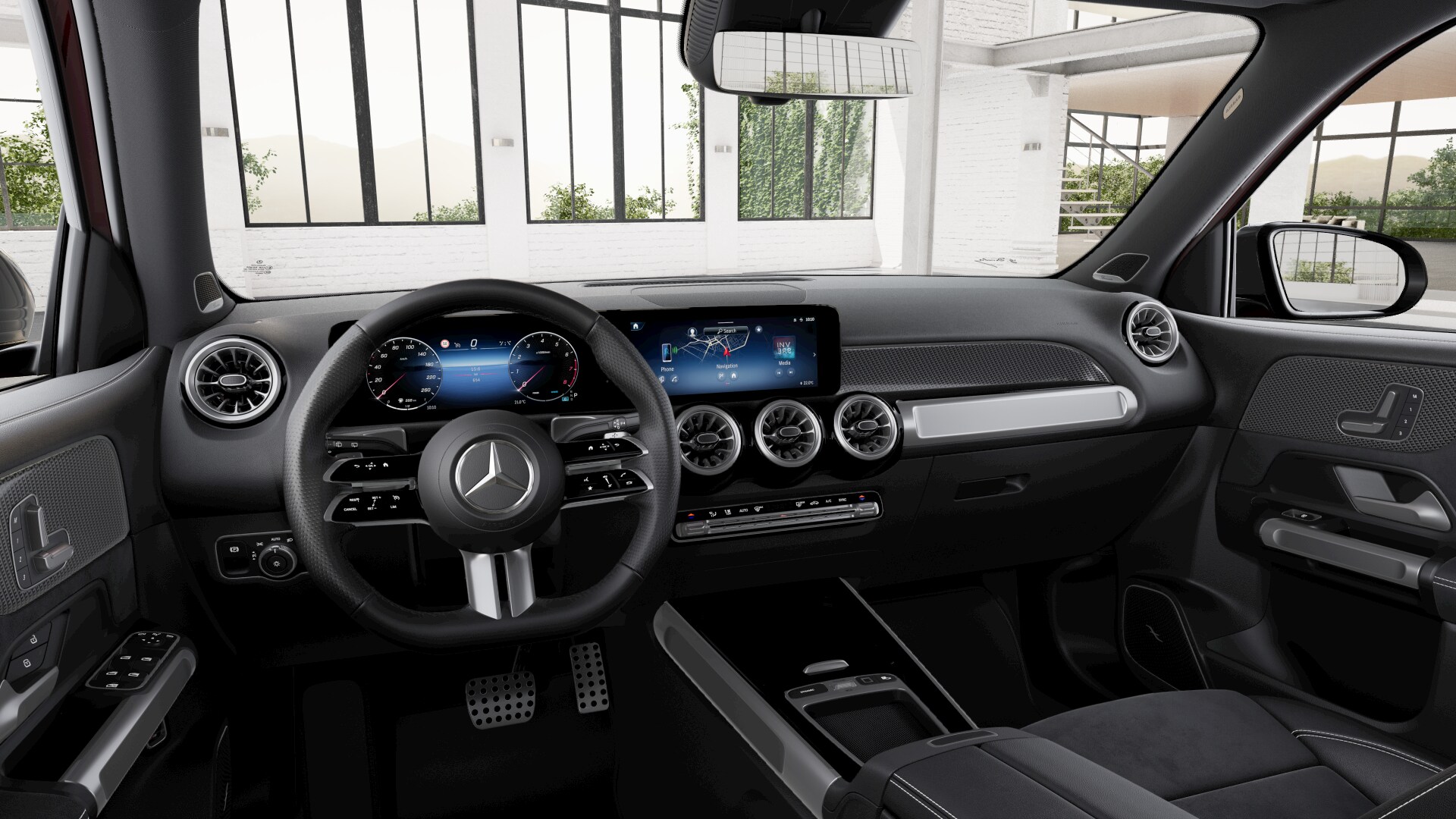 Interior de um carro da marca Mercedes-Benz, mostrando o volante, painel e tela digital com informações do veículo.
