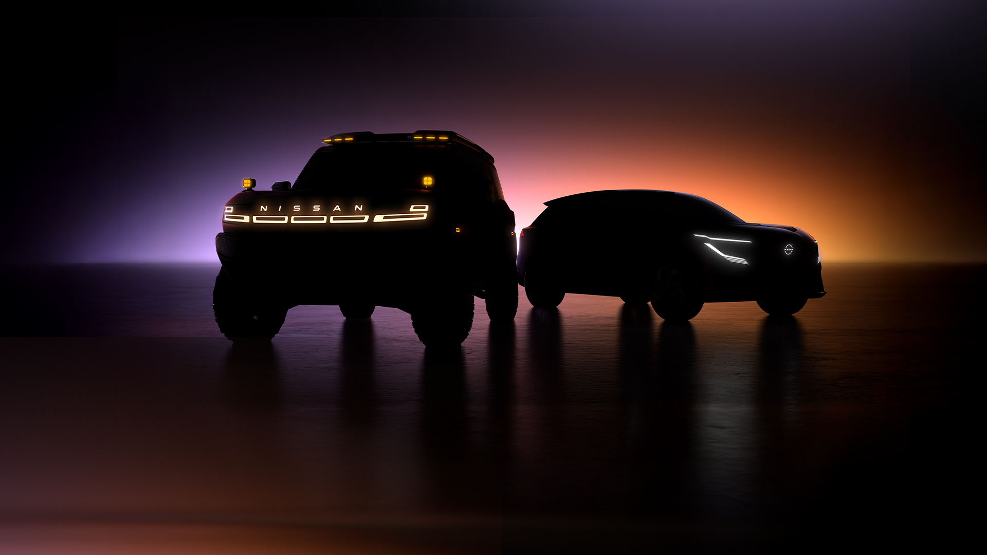 Silhouettes of two Nissan vehicles against a gradient background, highlighting their unique designs and illuminated features.
