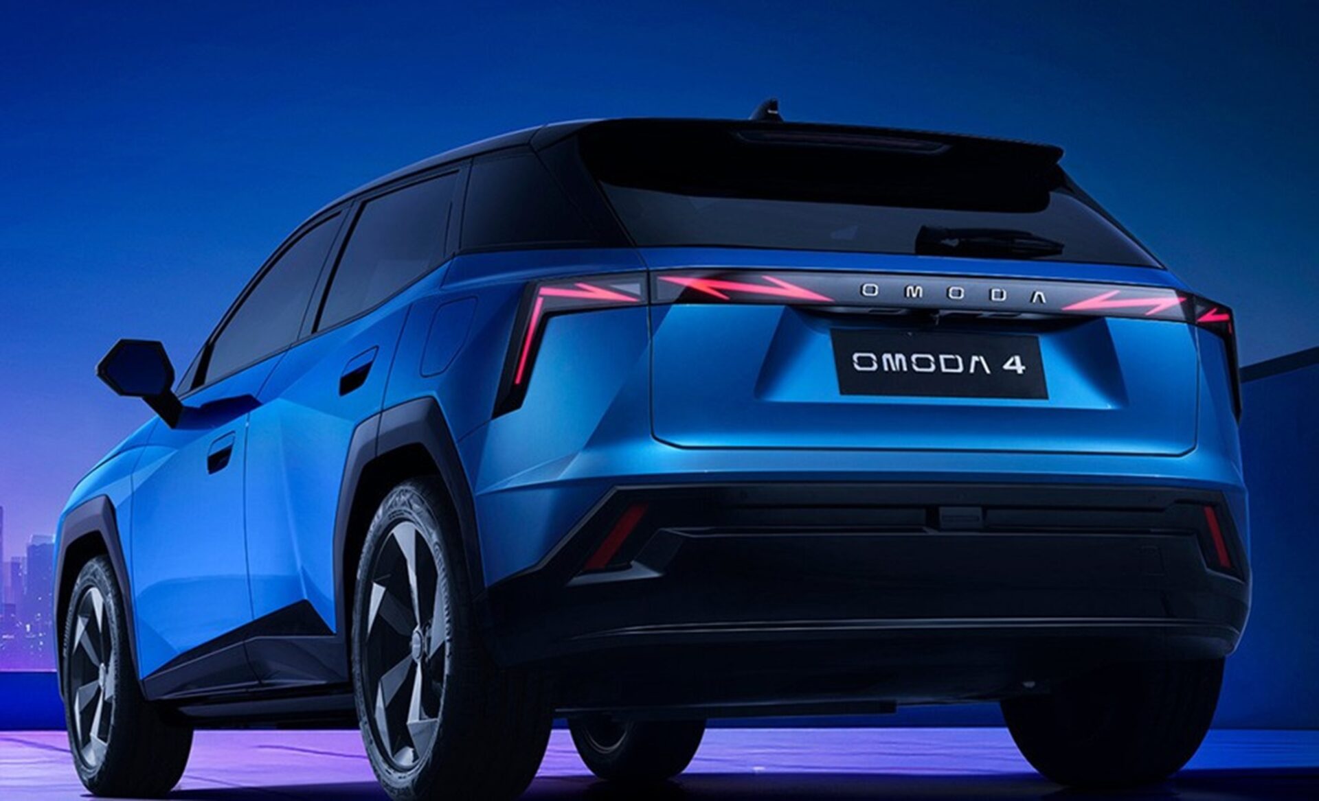Rear view of a blue OMODA 4 vehicle showcasing sleek design and distinctive taillights against a gradient blue background.
