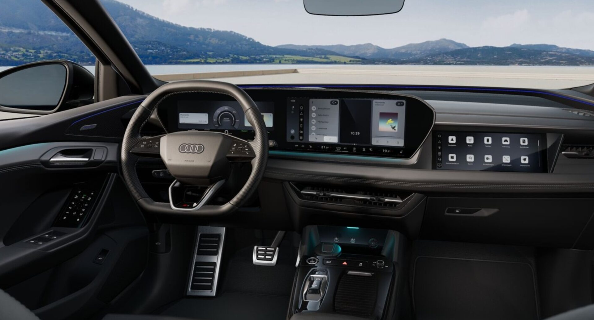 Interior view of an Audi car showcasing a modern dashboard, steering wheel, and multiple digital displays.