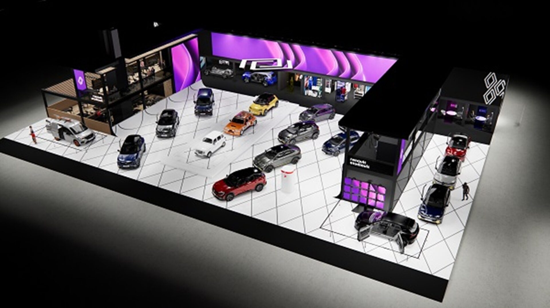 Aerial view of a modern car exhibition featuring various cars displayed on a patterned floor, with a sleek design booth in the background featuring purple accents.