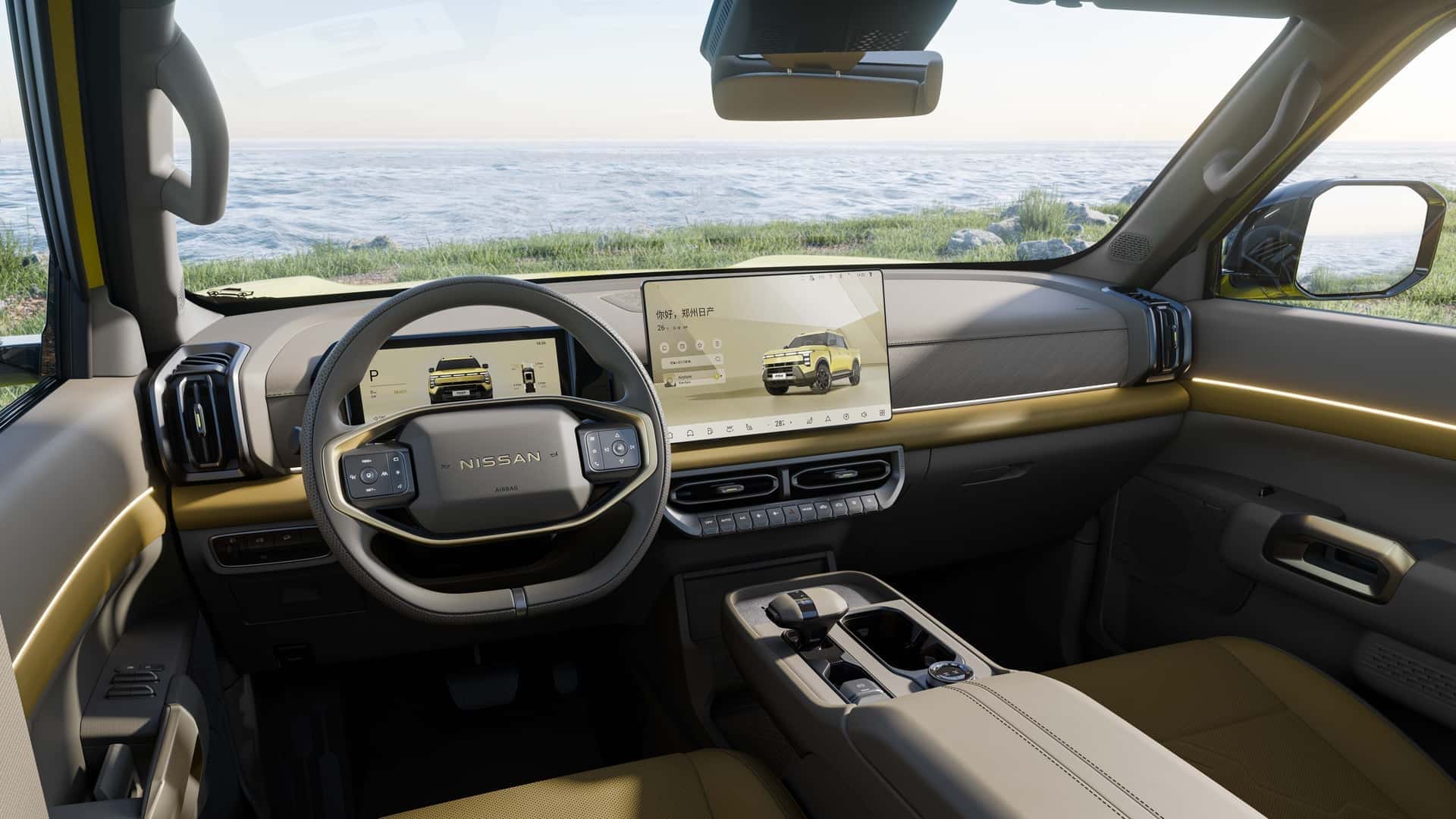 Interior moderno de um carro Nissan com volante e painel digital. Vista para a praia ao fundo.