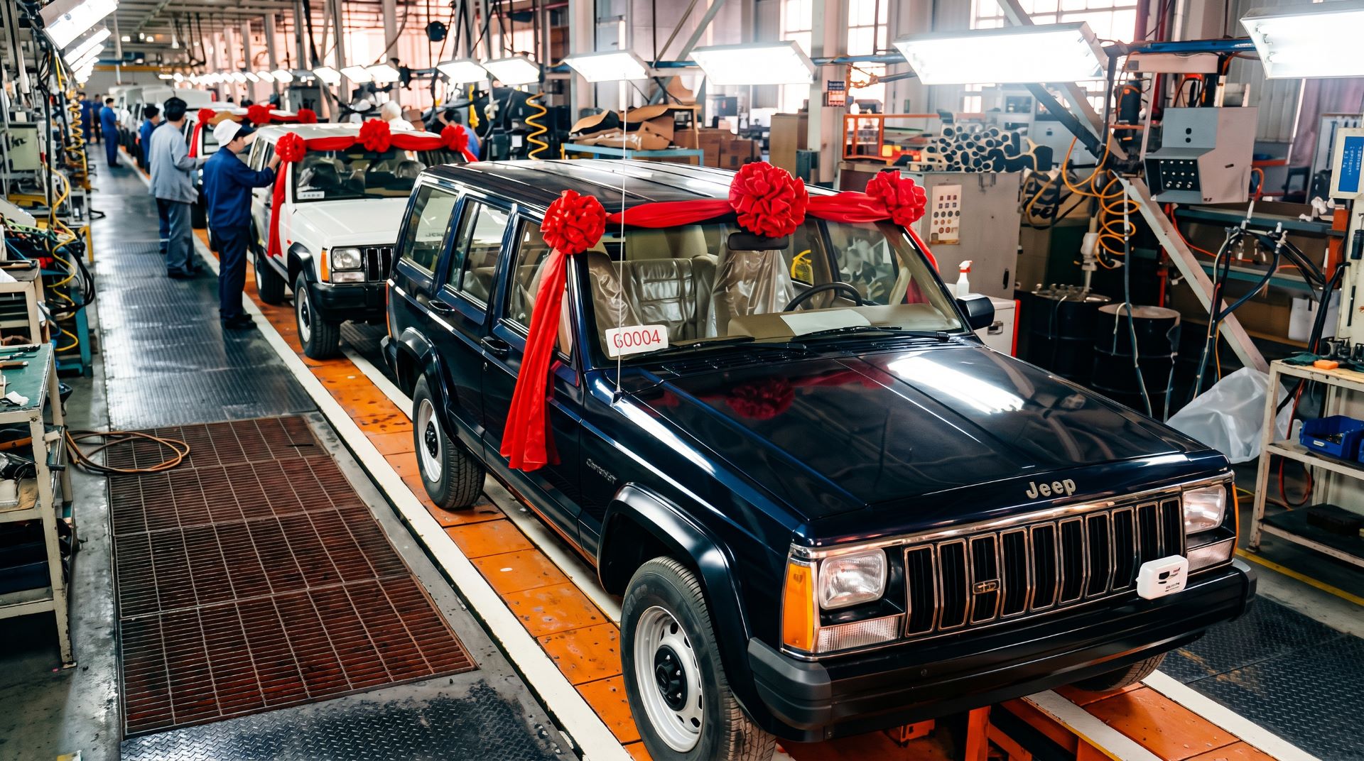 Fábrica de automóveis com dois SUVs Jeep em uma linha de montagem, decorados com fitas vermelhas e flores, enquanto trabalhadores estão presentes.