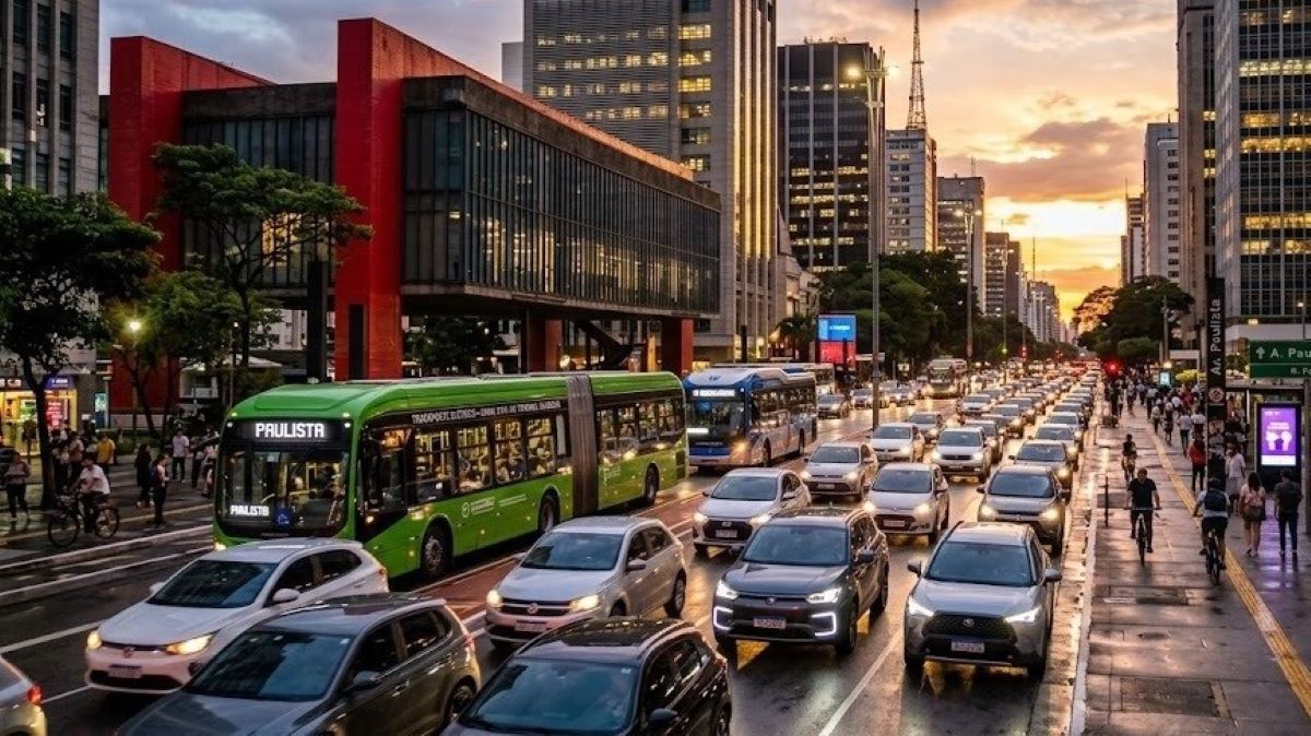 Vista da Avenida Paulista ao entardecer, com tráfego intenso de veículos e pessoas nas calçadas, rodeada por edifícios modernos.