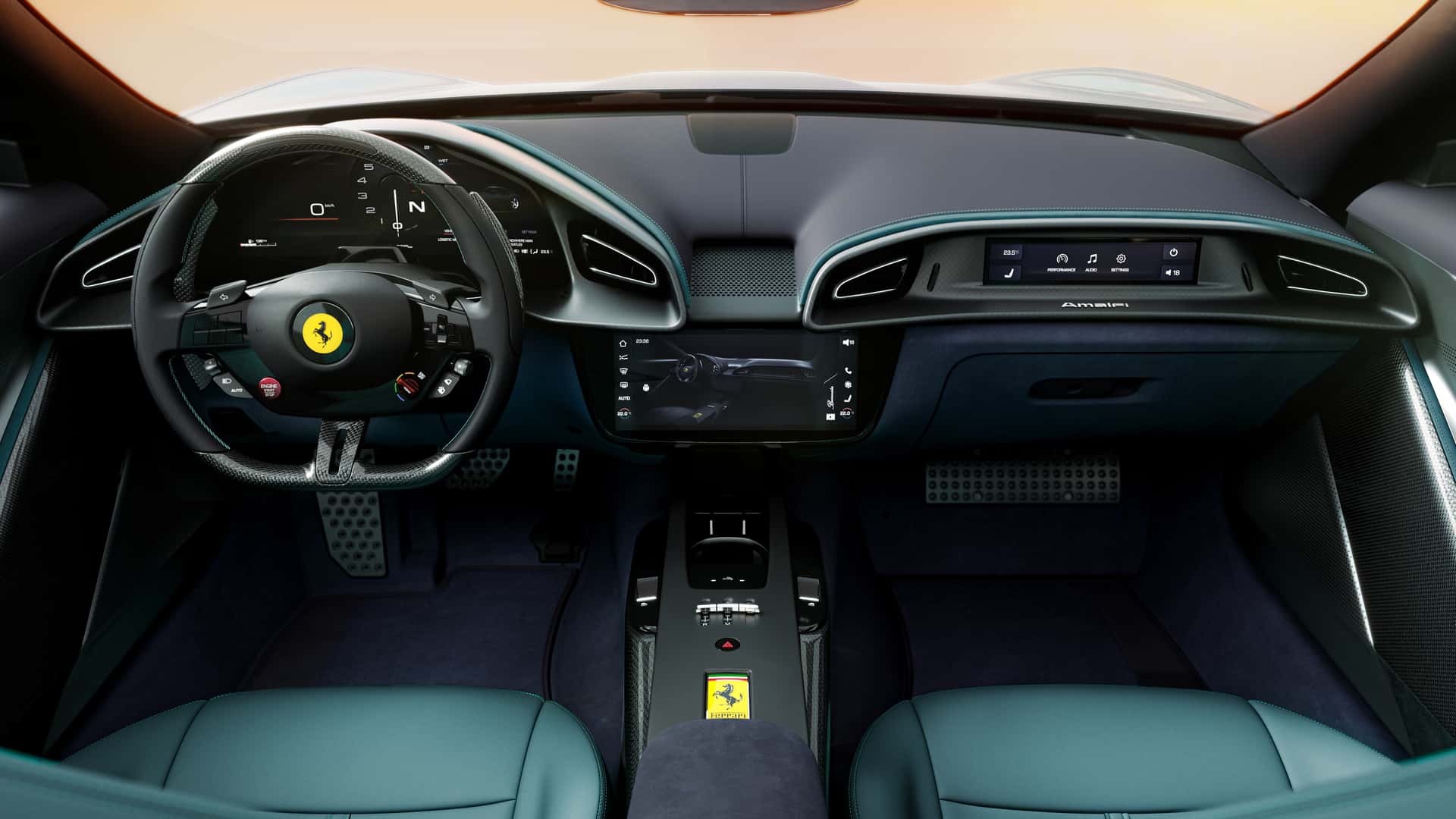 Interior de um carro esportivo Ferrari com detalhes em couro e painel digital moderno.