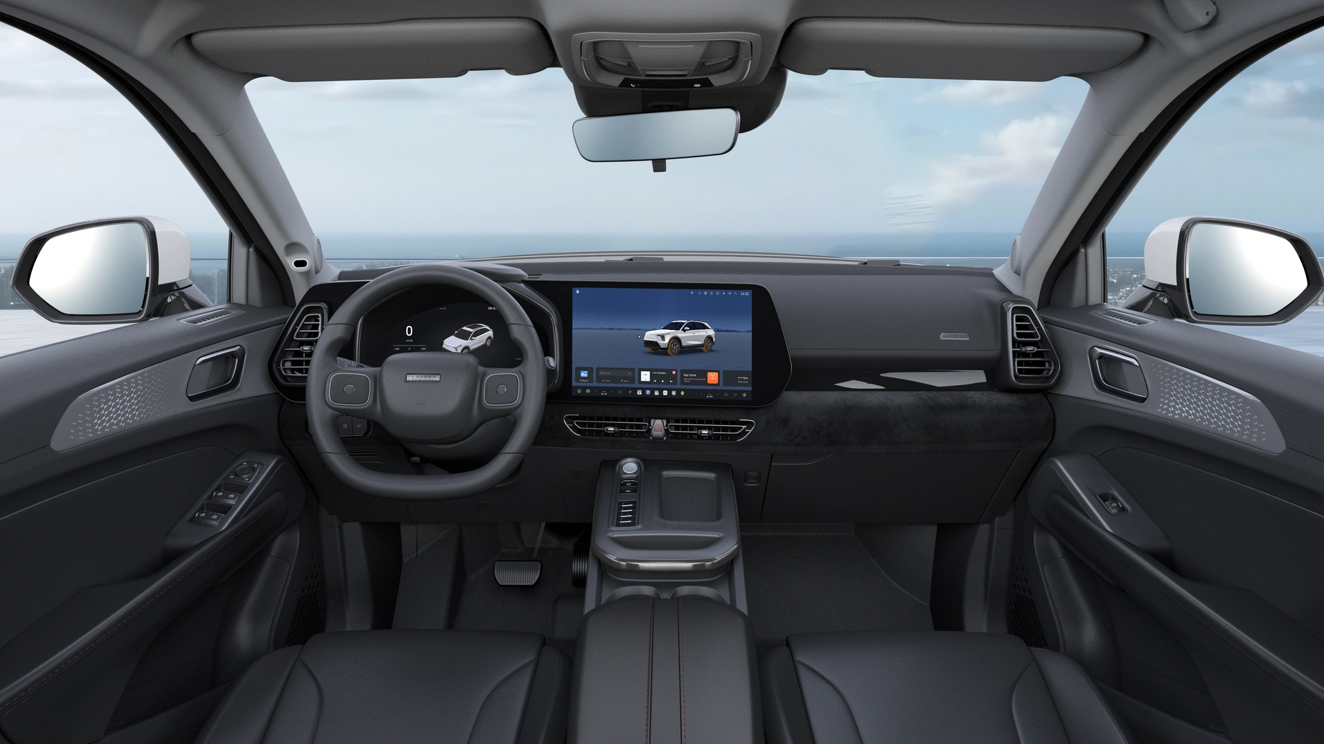 Interior de um carro moderno mostrando o volante, painel digital e console central, com vista para o exterior.