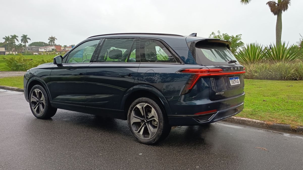 SUV azul escuro estacionado em uma rua com grama e palmeiras ao fundo.