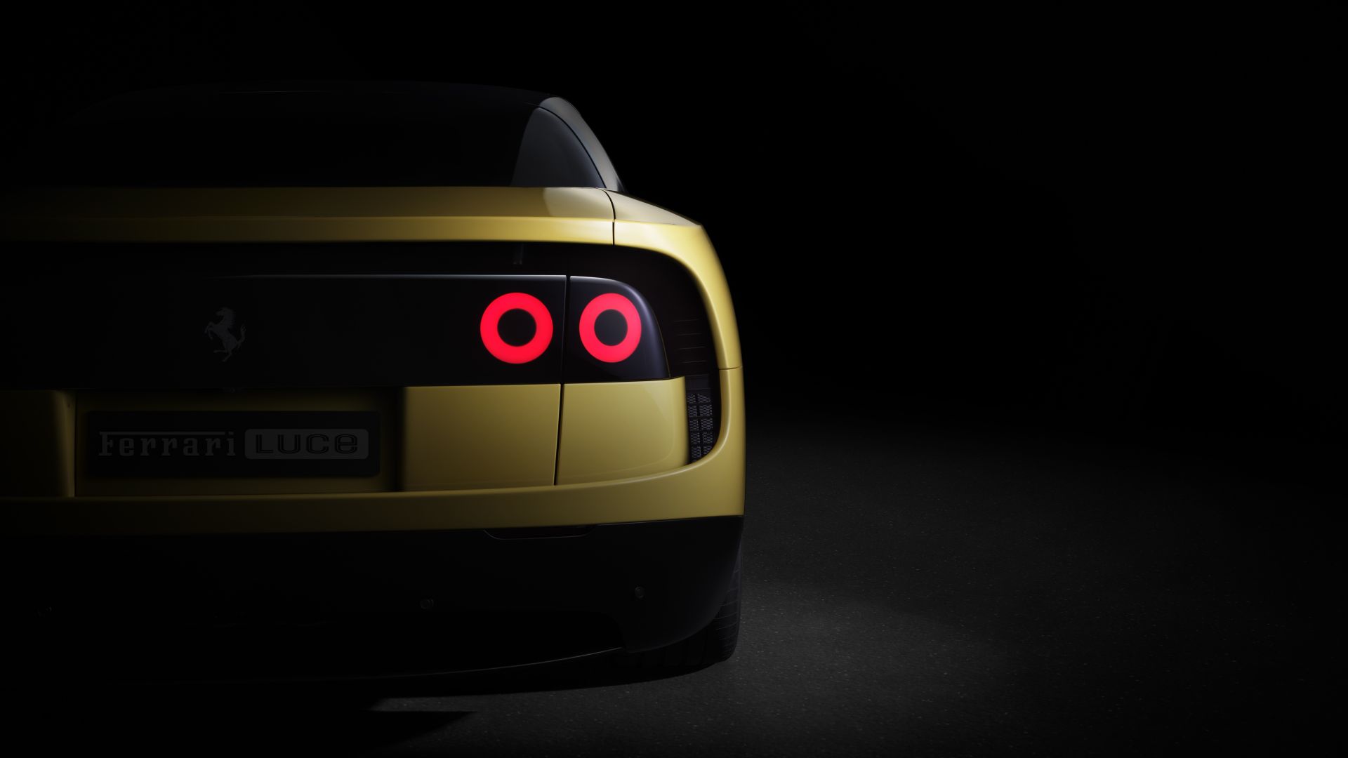 Traseira de um carro esportivo amarelo com luzes traseiras redondas vermelhas em um fundo escuro.
