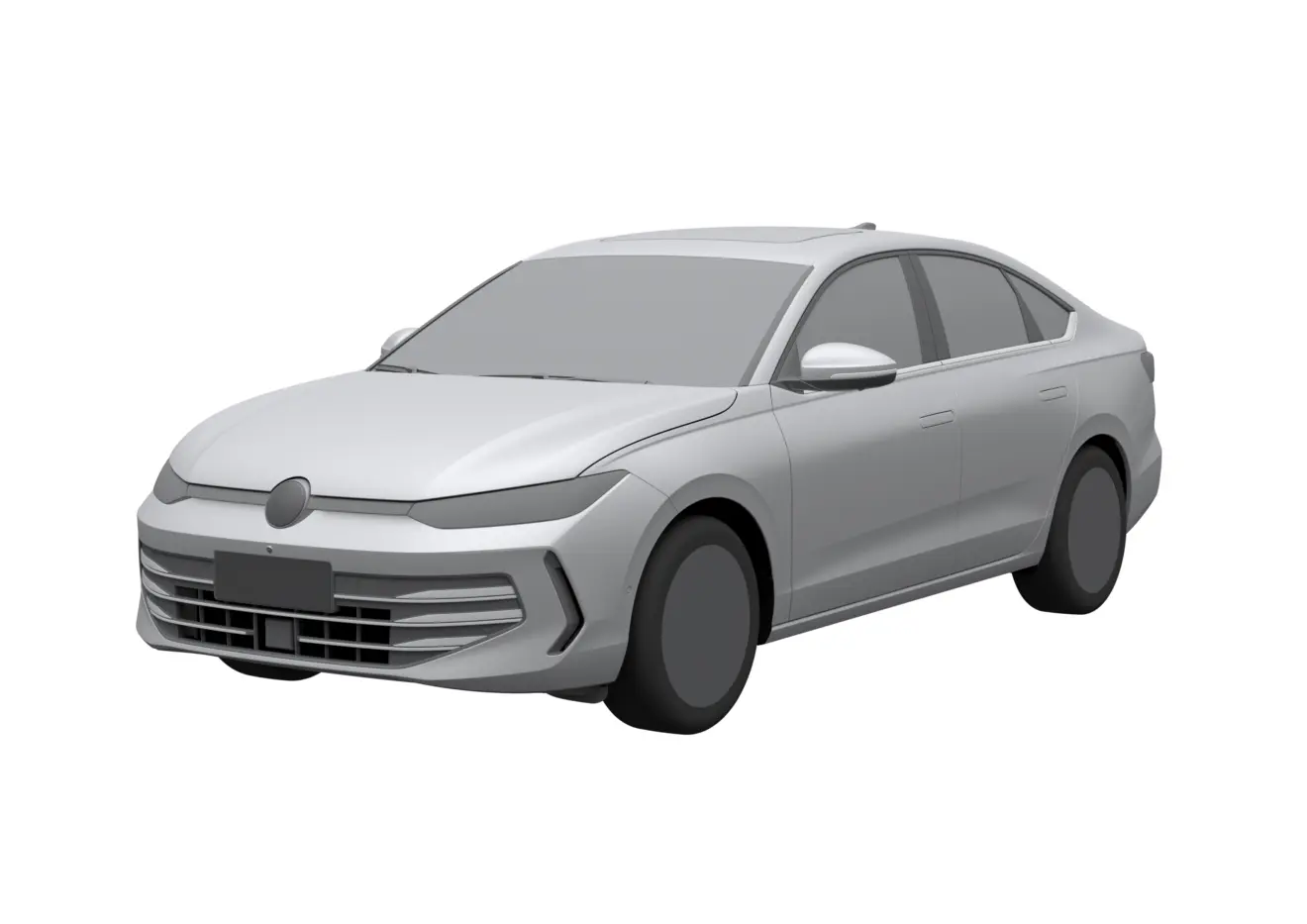 Modelo 3D de um carro sedã prateado, visto de frente ligeiramente de lado.