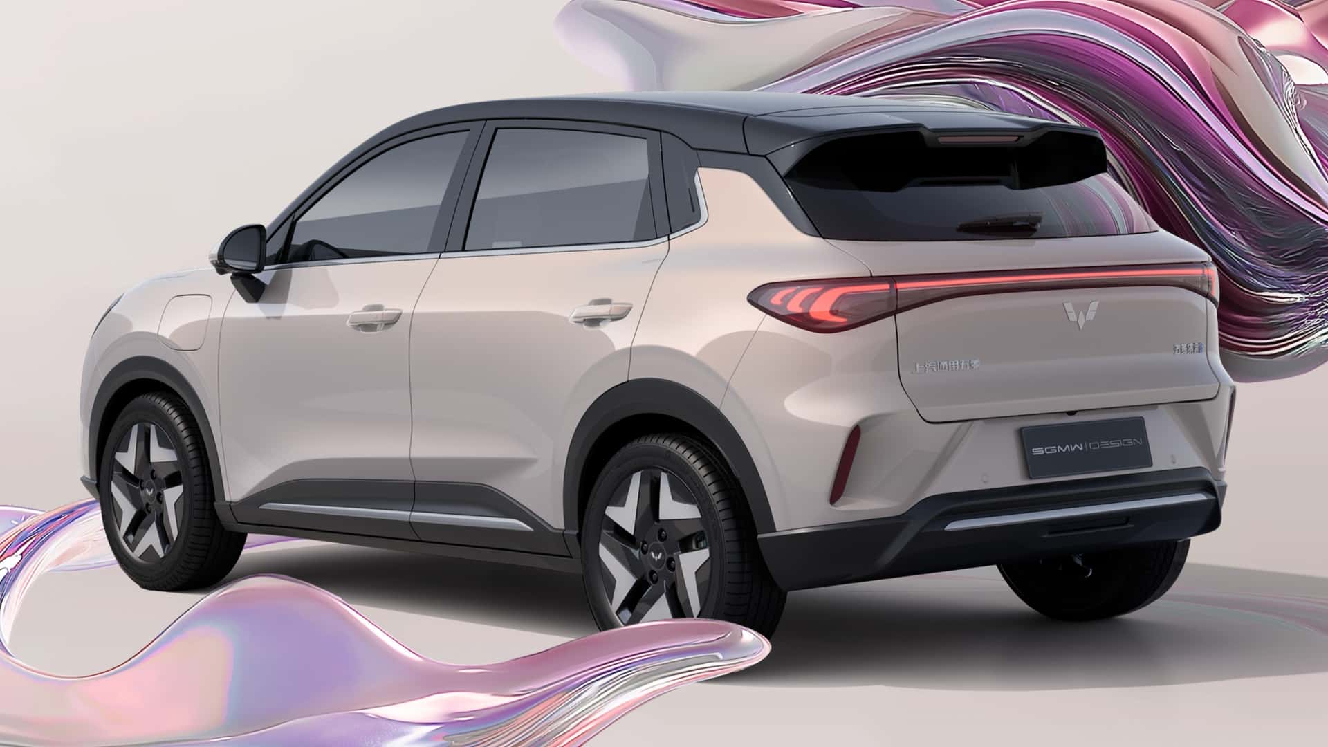 SUV moderno com design elegante, vista lateral e traseira em um fundo artístico.