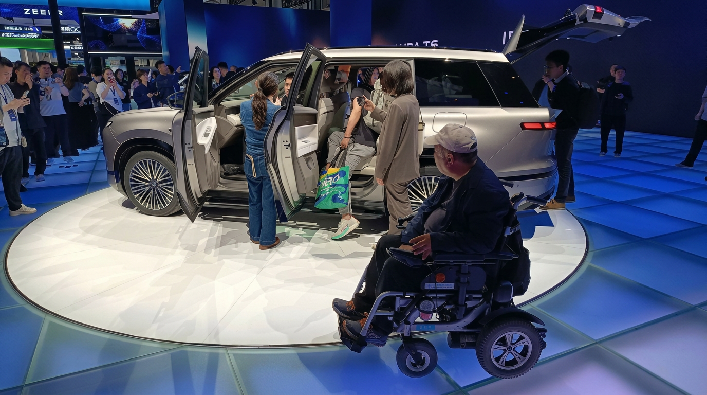 Evento automotivo com um carro moderno em destaque, várias pessoas observando e interagindo com o veículo, incluindo um homem em cadeira de rodas.