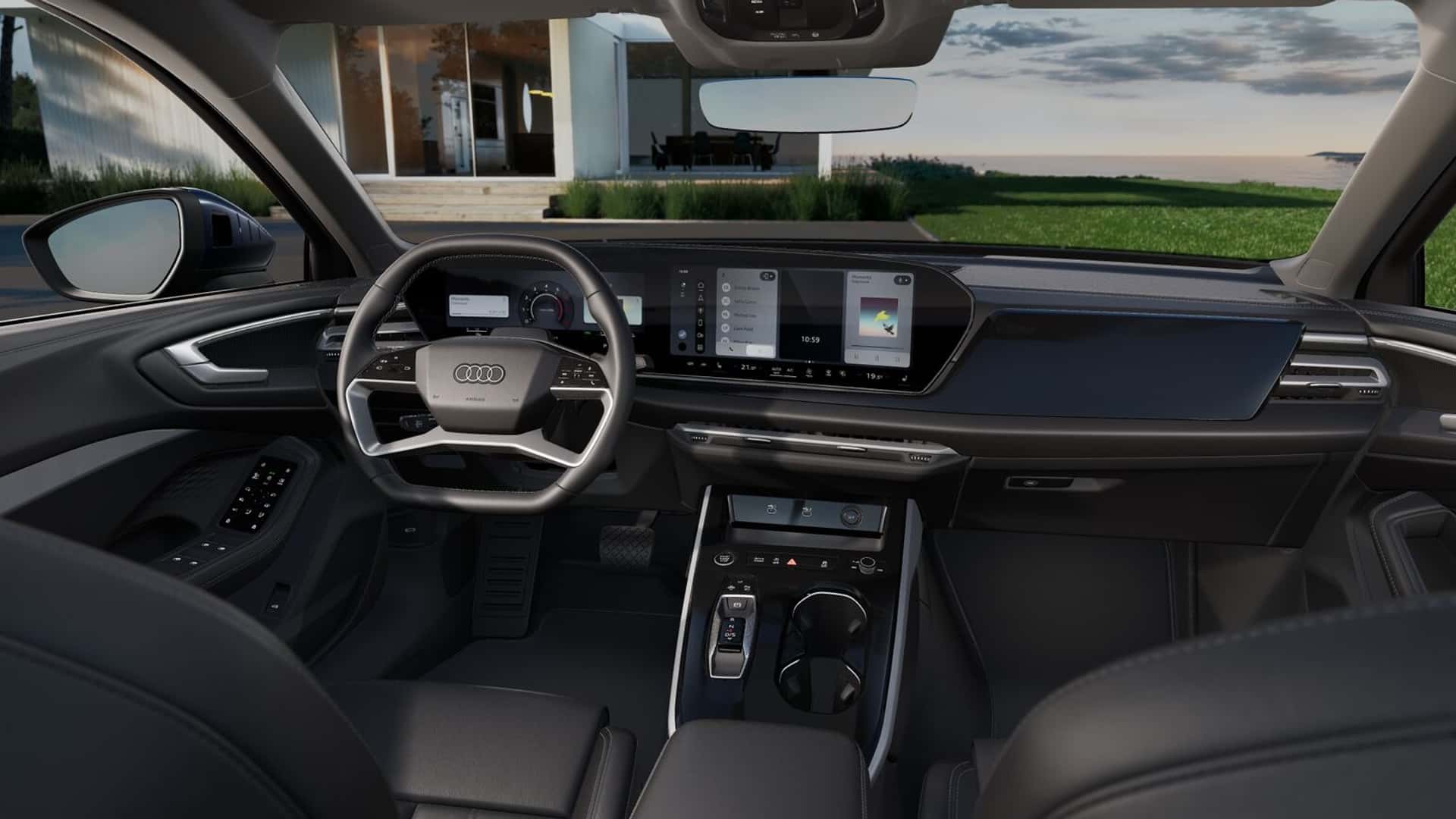 Interior moderno de um carro Audi, com volante, painel digital e console central contemporâneo.