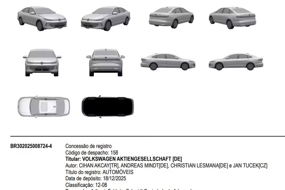 Desenhos técnicos de um automóvel, exibindo visualizações frontal, lateral, traseira e superior, com detalhes de registro e informações sobre o titular e autores.