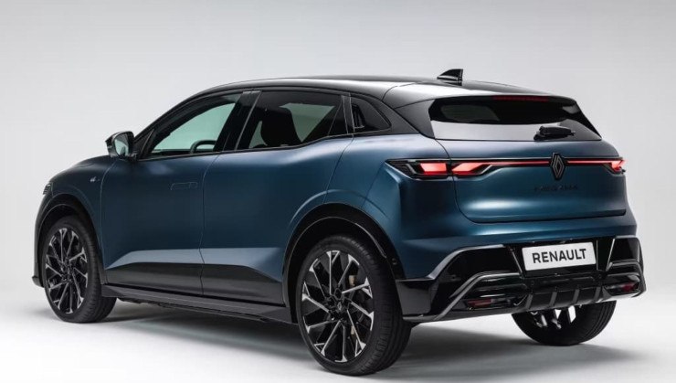 A rear view of a sleek, modern Renault SUV featuring a blue and black color scheme, showcasing its stylish design and sharp lines.