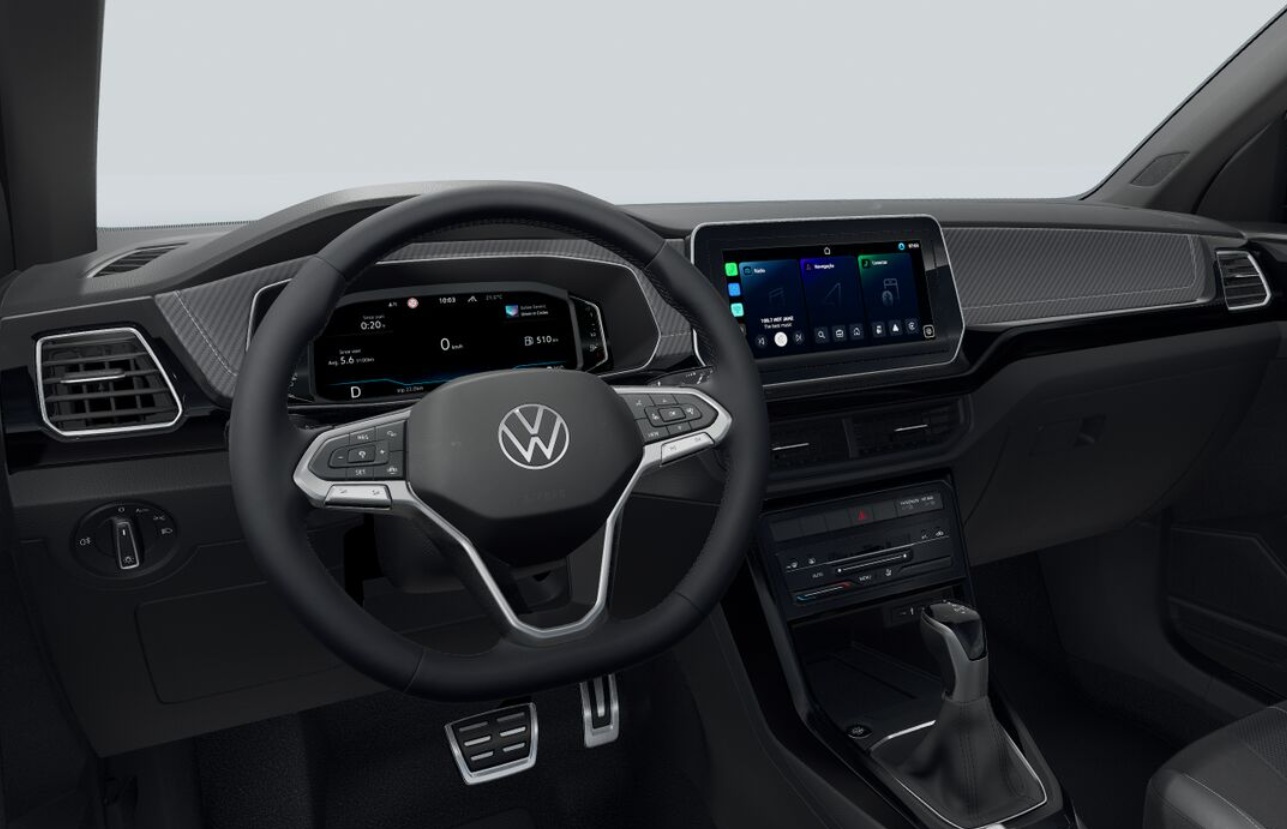 Interior view of a Volkswagen car dashboard featuring a steering wheel, digital display, and touchscreen infotainment system.