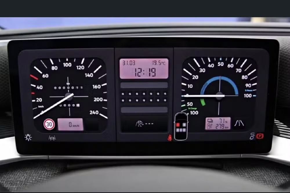Digital car dashboard displaying speedometer, odometer, fuel gauge, temperature, and time.